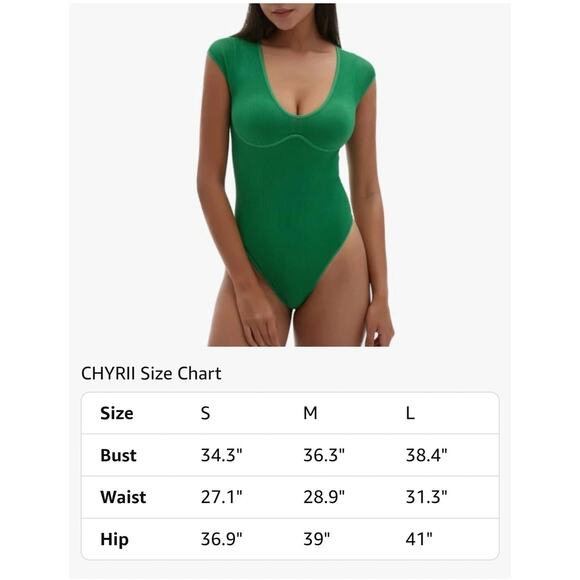 CHYRII Womens Sexy Summer V Neck Bodysuit Tops Short Sleeve Going Out Top Green - Picture 3 of 3